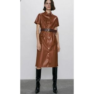 ZARA FAUX LEATHER MIDI BROWN DRESS